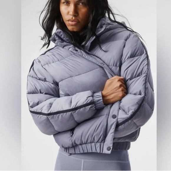 ALO Yoga Gray Bomber Jacket with Hood and Quilted Design
